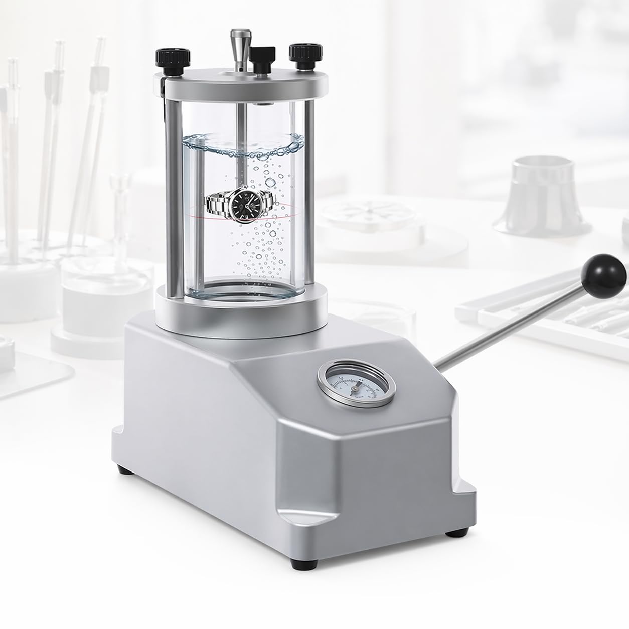 Probador de presión subacuática para reloj, herramienta de comprobación impermeable de 0,3 a 0,6 bar, marco de aluminio, sellos de goma para reloj electrónico de cuarzo mecánico