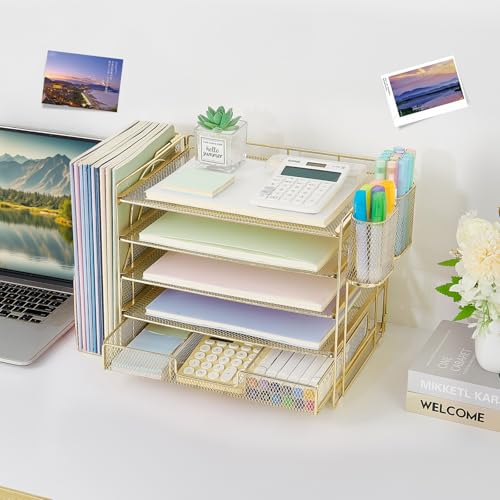 Image of OPNICE Desk Organizer, 5-Tier Paper File Organizer with Drawer & Pen Holder, Office Desk Accessories, Workspace Desktop Organizer for Office Supplies(Gold)
