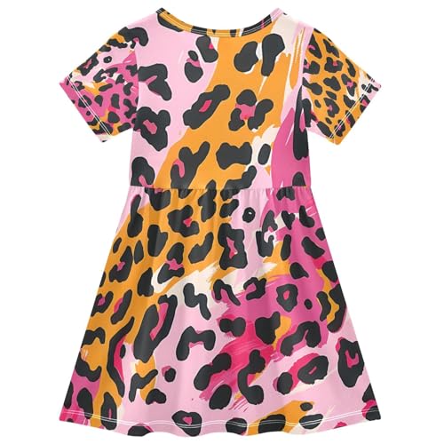 ALAZA Girls' Dresses Pink Yelliw Leopard Animal Print Short Sleeve Dresses2