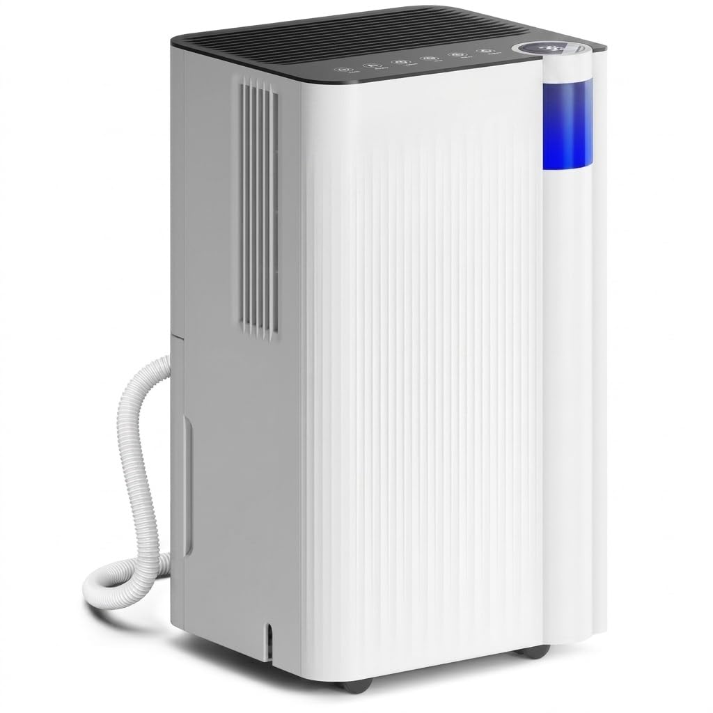 Deumidificatore 38 pinte per 3000 mq, essiccatore d'aria silenzioso con serbatoio da 2 l, indicatore di umidità a 3 colori, tubo di drenaggio continuo