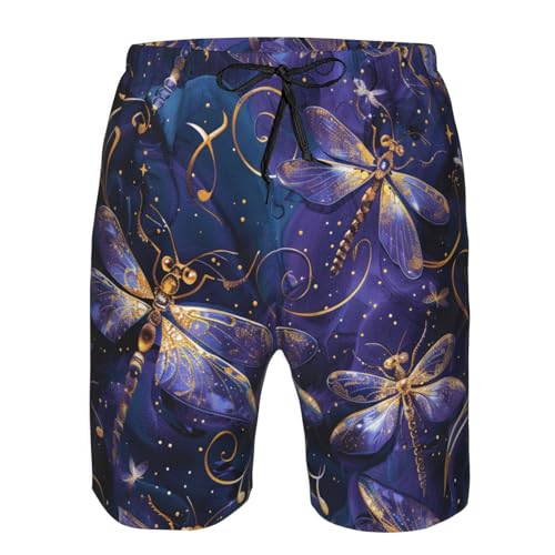 Men's Quick Dry Swim Shorts Dragonfly Glittery Swirls Stars Purple and Gold Beach Trunks with Pockets3
