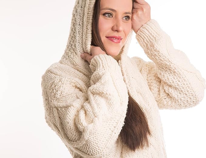 100% Sheep Wool Aran Cable Knit Hooded Zip Cardigan Sweater (Beige, Large)2