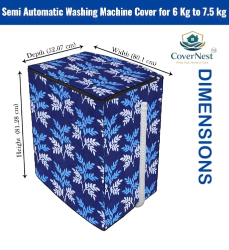 Image of Covernest Semi Automatic Washing Machine Cover, Dustproof, Compatible with 7-8 Kg Washing Machines (WMC-BLUE LEAF SEMI)