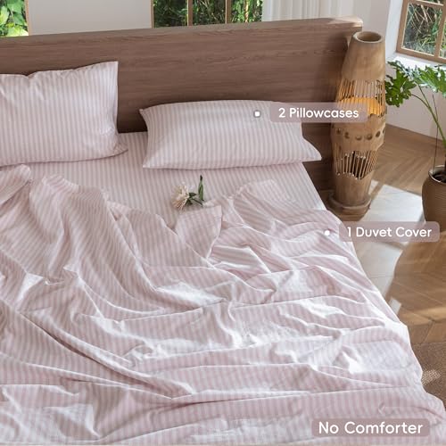 Image of MooMee Striped Duvet Cover Set 100% Washed Cotton Linen Like King | Relaxed Linen-like Texture. Soft, Breathable & Long-lasting Comfort. Lightweight. Hidden Zipper with 8 Interior Corner Ties