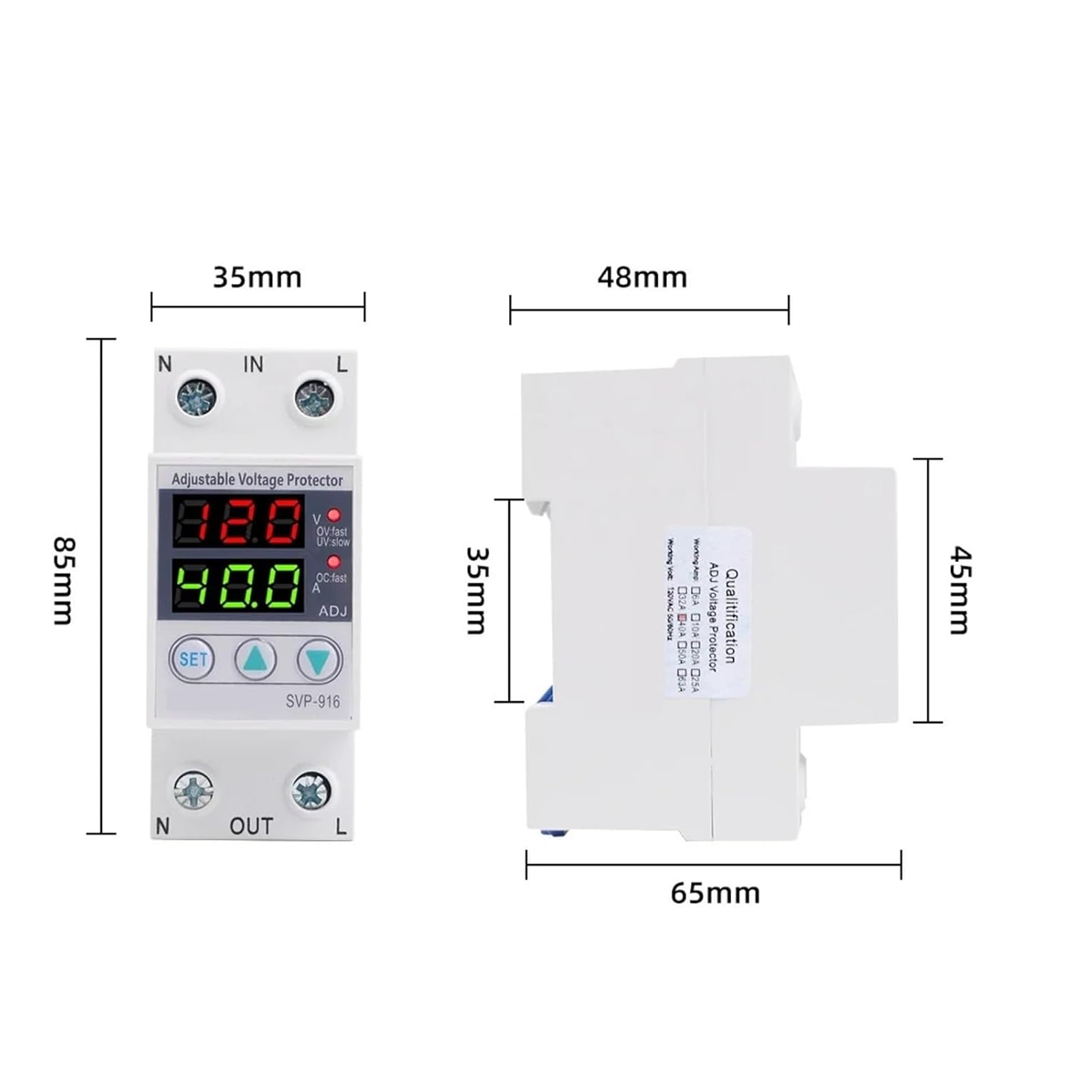 110V 120V 40A Digital Dual LED Display Surge Protector Circuit Breaker Low Voltage and Over Voltage Protector Disconnect Switch 1Pcs
