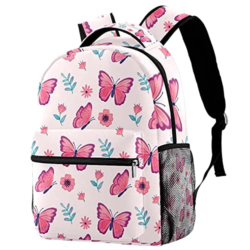 Sac à dos de voyage rose aux motifs papillons avec porte-bouteille intégré pour l'école