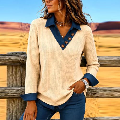 Womens Waffle Knit Tops Denim Contrast V Neck Long Sleeve Casual Shirts - image 5