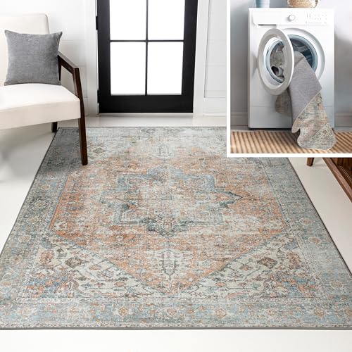 JONATHAN Y Machine Washable Terra/Blue Indoor Area Rug 4X6 ft, Armae Distressed Medallion Chenille for Living Room, Bedroom, Kitchen, Office, Easy-Cleaning, Pet-Friendly, Non-Shedding WSH200A-4