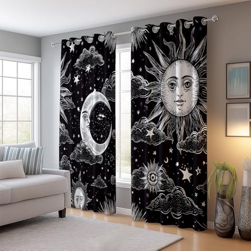 Negro 100% Cortinas Opacas con Ojales, Abstracto Luna Sol Impresión Antiarrugas Cortinas Térmicas Durable, 117 An x 138 Al cm (2Paneles) Cortinas para Dormitorio Salon Cocina
