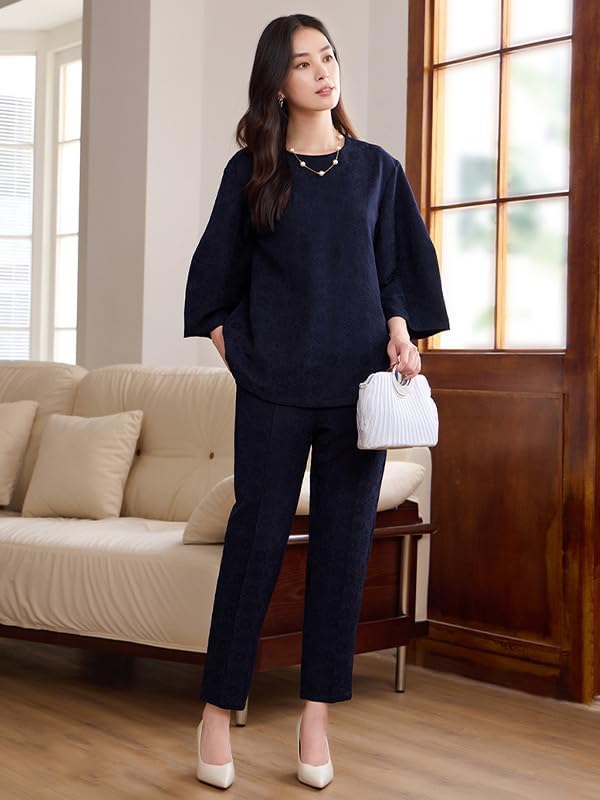 [Vailaipupy] カジュアルセット 七分袖トップス+九分パンツ オールシーズン対応 着回し楽々 立体プリント 大人カジュアル