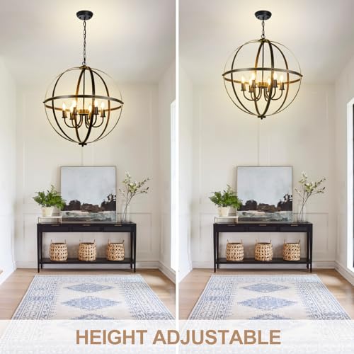 DLLT 6-Light Orb Chandelier, Black and Gold Globe Pendant Lights, Industrial Sphere Pendant Lighting Over Island, Adjustable Hanging Light with Metal Cage for Dining Room Foyer, E12 Bulbs Not Included by DINGLILIGHTING - Used condition - Image 5
