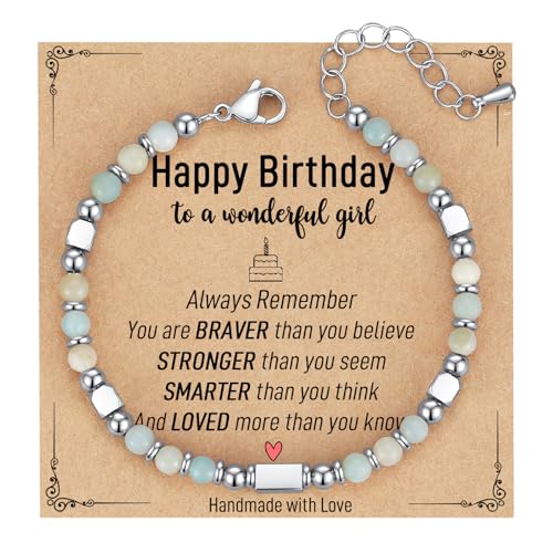 Image of AryaHozel 4mm Natural Stone Bracelet with Birthday Cards, 6-21 Year Old Birthday Gifts for Girls Daughter Granddaughter Niece Sister Women Friends