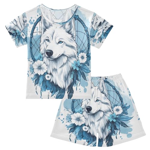 senya Short Sleeve Pajamas Sets Summer Cotton Sleepwear Blue White Flower Dreamcatcher Wolf