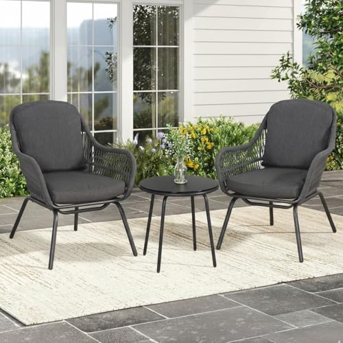 Image of DEVOKO 3 Piece Outdoor Conversation Set with Handwoven Rope Chairs & Waterproof Cushions in Grey - Perfect for Backyards & Gardens