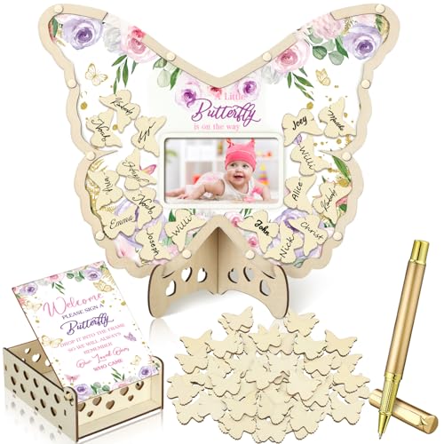 Image of Wenqik 63 Pcs Butterfly Baby Shower Guest Book Alternatives Set Baby Shower Decorations with Photo Frame Sonogram Frame Keepsake 60 Wood Slices Guest Book for Birthday
