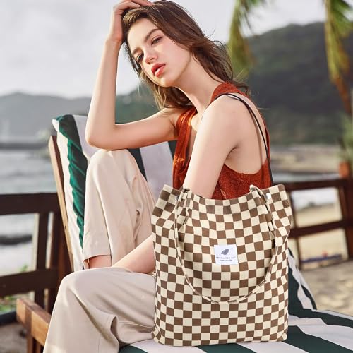 Image of Ayieyill Corduroy Tote Bag for Women Canvas Shoulder Cord Purse with Inner Pocket