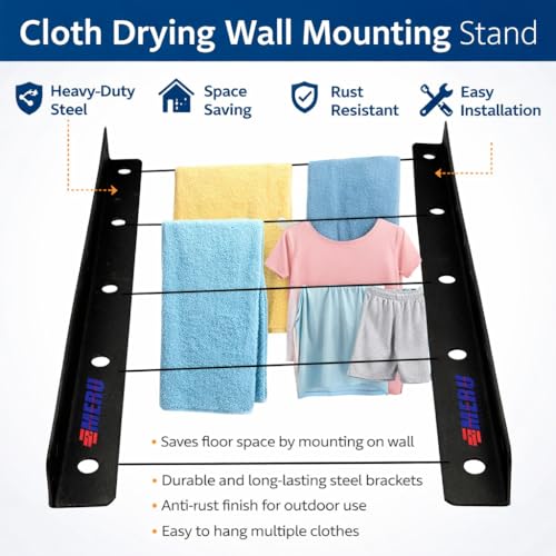 Image of Cloth Drying Wall Mount Stand | with 5 Rows for Balconies, Terrace I Indoor & Outdoor Use I Space Saving I Metal Black I (Cloth Drying Bracket)