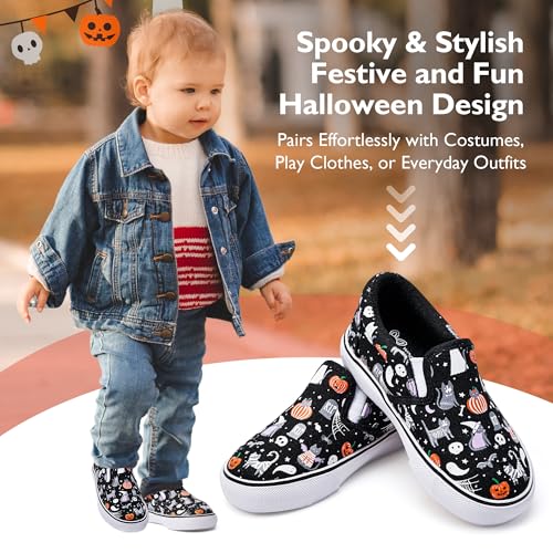 waddle wonder Toddler Halloween Slip-On Loafers for Boys&Girls, Black Canvas with Ghosts & Pumpkins Shoes School Walking Tennis Sneaker Sizes 6-102