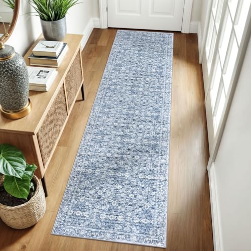 2x8 Blue Washable Runner Rug for Hallways, Soft Classic Kitchen Rugs with Non-Slip, Non-Shedding Distressed Floral Rug for Hallways Entryway Bedroom Bathroom Laundry Indoor