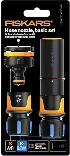 Fiskars Hose Nozzle-or Starter Kit, SoftGrip, With Hose Nozzle | Faucet Adapter Multi and Hose Connectors, Ø 1.2-1.5 cm (1/2-5/8''), Black/Orange/Blue, 1027091