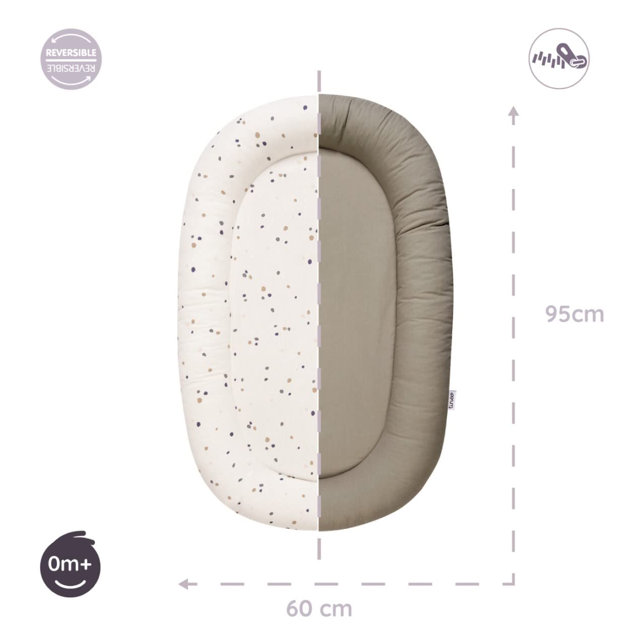 Tinéo - Réducteur de Lit 95x60x10cm, Cocon De Sommeil Ouatiné, Cale Bébé pour Lit, Nid Bébé, Déhoussable, Entretien Machine 30°, Réversible, 0-6 Mois (Gris Clair/Imprimé Terrazzo)