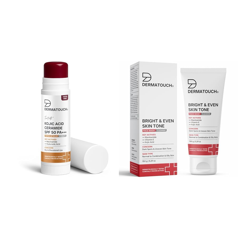 DERMATOUCH Kojic Acid Ceramide SPF 50 PA+++ Tinted Wine Lip Balm - 5g & Bright & Even Tone Face Wash with Niacinamide, Vitamin E and Kojic Acid 150g-image-47