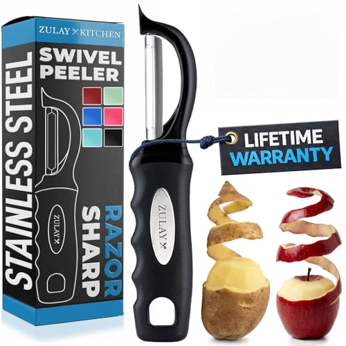 Zulay Kitchen Premium Vegetable Peeler for Kitchen - Swivel Peeler with Razor Sharp Stainless Steel Blades & Strong Ergonomic Handle - Dishwasher Safe, Easy To Use with Blemish Remover - Black
