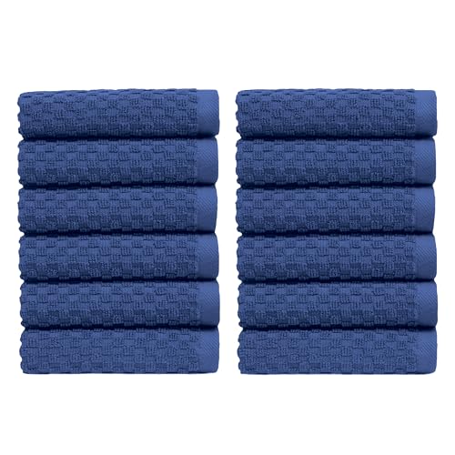 COTTON CRAFT Euro Spa Waffle Wash Cloth - Set of 12 Luxury Pure Ringspun Cotton Waffle Weave Bathroom Face Towel - Everyday Absorbent Hotel Gym Shower Beach Kitchen Travel Dorm - 12x12 inches - Blue