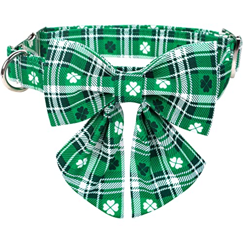 Lionet Paws St Patricks Day Dog Collar with Bowtie, Irish Green Shamrock Clover Sailor Bow Collar with Metal Buckle for Dogs, Adjustable Cute Dog Collar Girl, L, Neck 16-24 in
