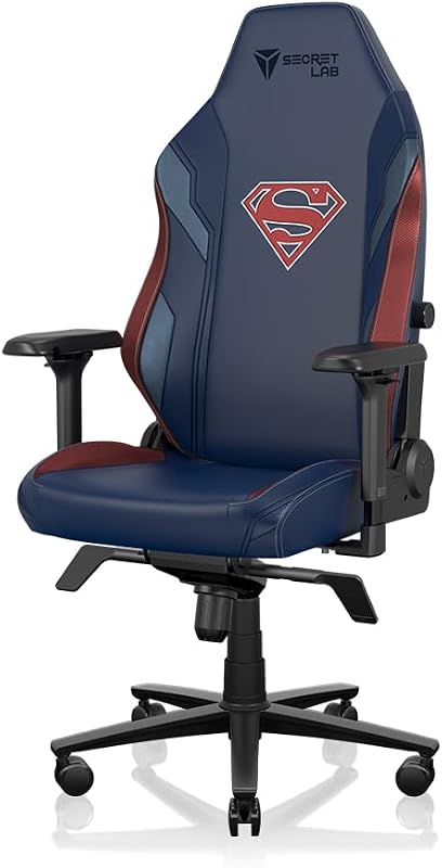 Silla para juegos Titan Evo Superman - Pequeña, polipiel, azul/rojo | Ergonómico, soporte lumbar, respaldo alto, reclinable, almohada magnética para la cabeza, estándar (285 lbs), apoyabrazos 4D, altura ajustable