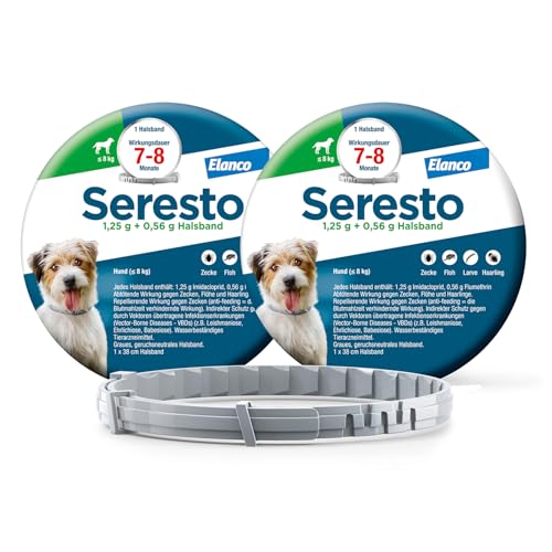 Seresto Set risparmio collare per cani di piccola taglia fino a 8 kg: da 7 a 8 mesi Protezione efficace contro zecche e pulci, lunghezza 36 cm, 1,25 g + 0,56 g, 2 collari