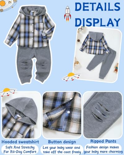 Image of Renotemy Toddler Baby Boy Clothes Winter Hoodie Flannel Boys Outfits 12M-4T | Toddler Boys Outfits,Fall Winter Long Sleeve Hoodie Sweatshirt Clothes Set,Infant Boys Flannel Plaid Top Ripped Pants Set