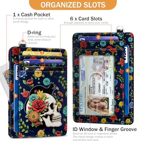 Image of Yonlevres Skull Cat Credit Card Holder Slim RFID Wallet Women Wristlet Gift | Front Pocket, Handy, RFID Blocking, Woman Girls Ladies Gifts, D-ring for Keychain,Thin Mini Card Case, ID Window, PU Leather