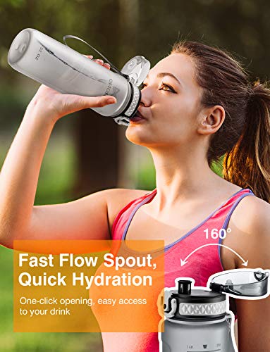 OMORC Sports Water Bottle with time marker-32oz, Fruit Infuser BPA Free Tritan Plastic Drinking Bottle with Locking Flip Lid, One-Handed Open Fitness Workout Water Bottle with Filter-Grey