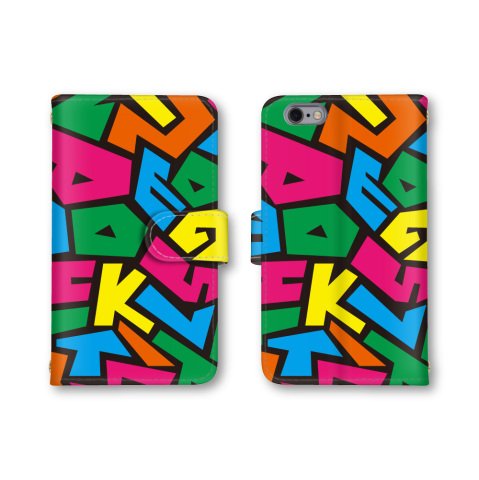 【ノーブランド品】 シンプルスマホ3 用 509SH 対応 スマホケース 手帳型 カラフル 派手 文字 ブロック マルチカラー 7番 黄色 青色 緑色 グリーン ブルー イエロー ピンク 509SH 対応 ケース