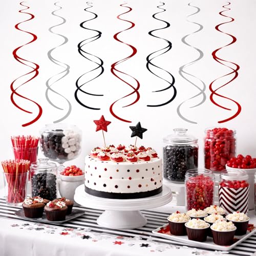 Image of Halloween & Gothic Party Decor - Black Red Swirl Ceiling Decorations 48 Pack, Spooky Theme Supplies for Haunted House & School Color Event