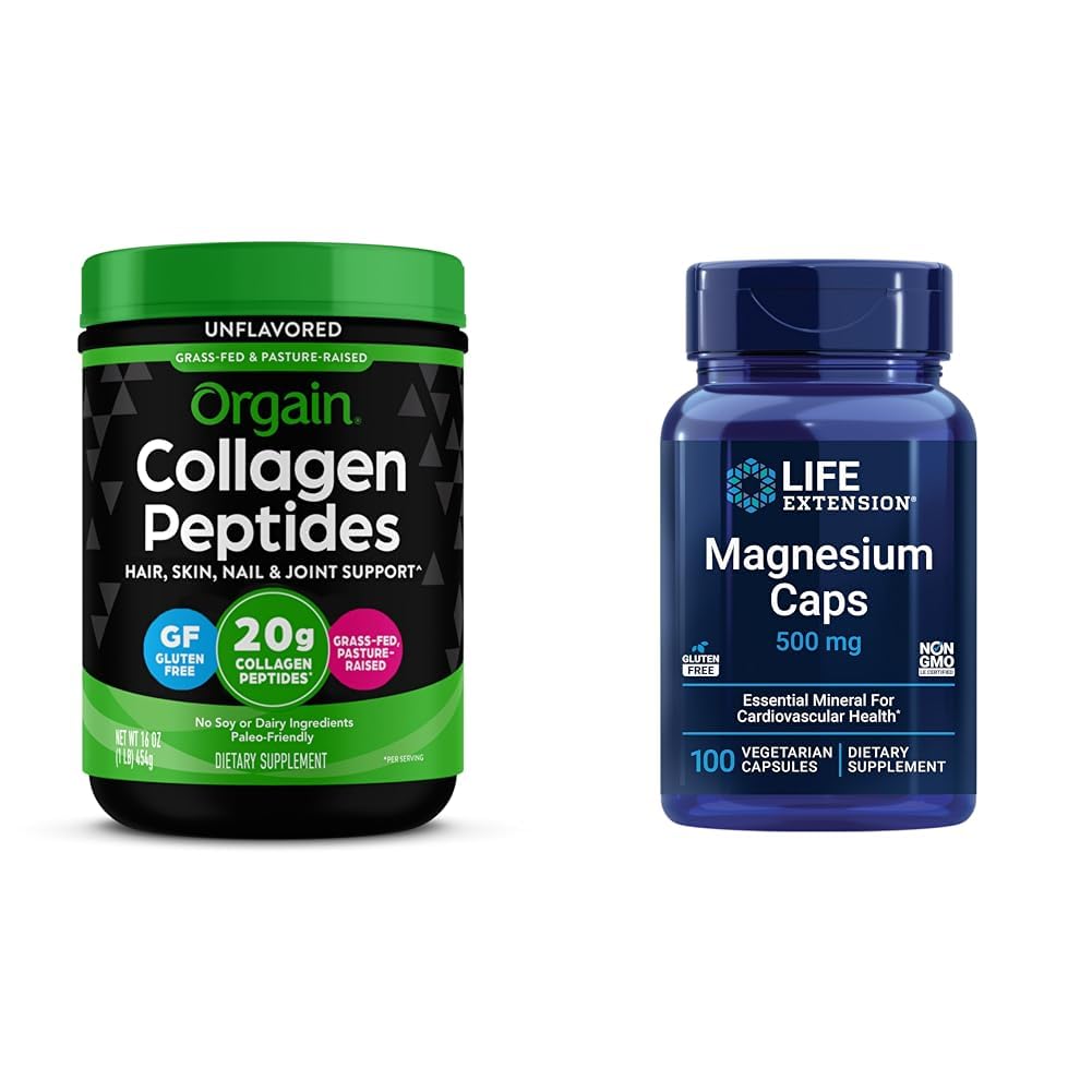 Orgain Hydrolyzed Collagen Peptides Powder, Life Extension Magnesium Caps, 500mg - Joint, Hair, Skin, Nail Support & Heart Health