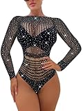 Milumia Women's Fishnet Rhinestone Bodysuit Top Cut Out Sexy Mesh Teddy Bodysuit Black Sparkly One-Size
