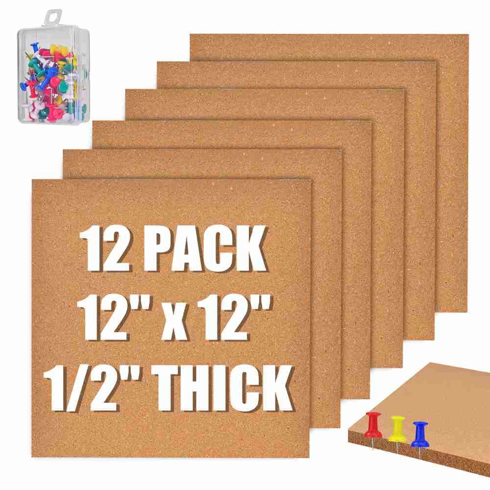 Okydoky Self-Adhesive Cork Board, 12mm Thick Bulletin Board With 100 Push Pins for Walls, Office, Home, School (12x12in-12P)