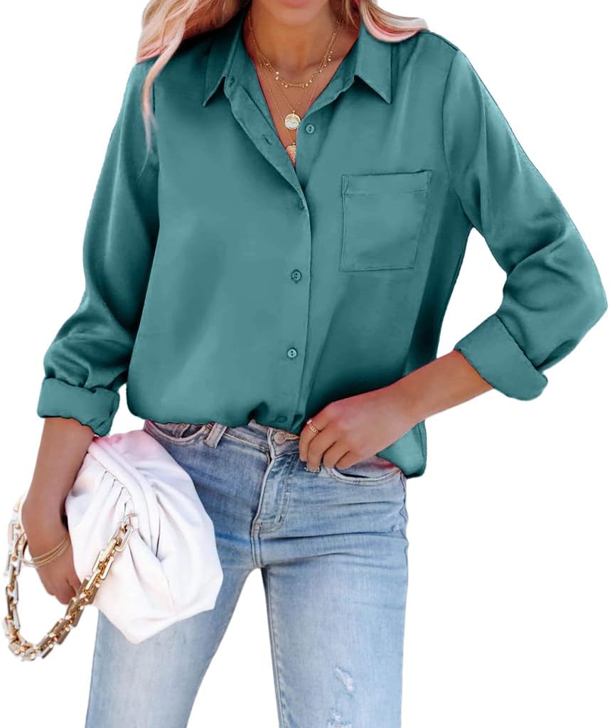 Pausus Satin Button Down Shirts for Women Long Sleeve Slim Fit Office Blouses Casual Business Silk Tops with Pocket S-XXL