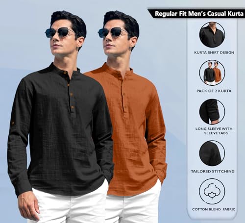 Image of Zombom Combo of Men's Solid Cotton Polyester Blend Full Sleeve Straight Kurta Shirt (Pack of 2)