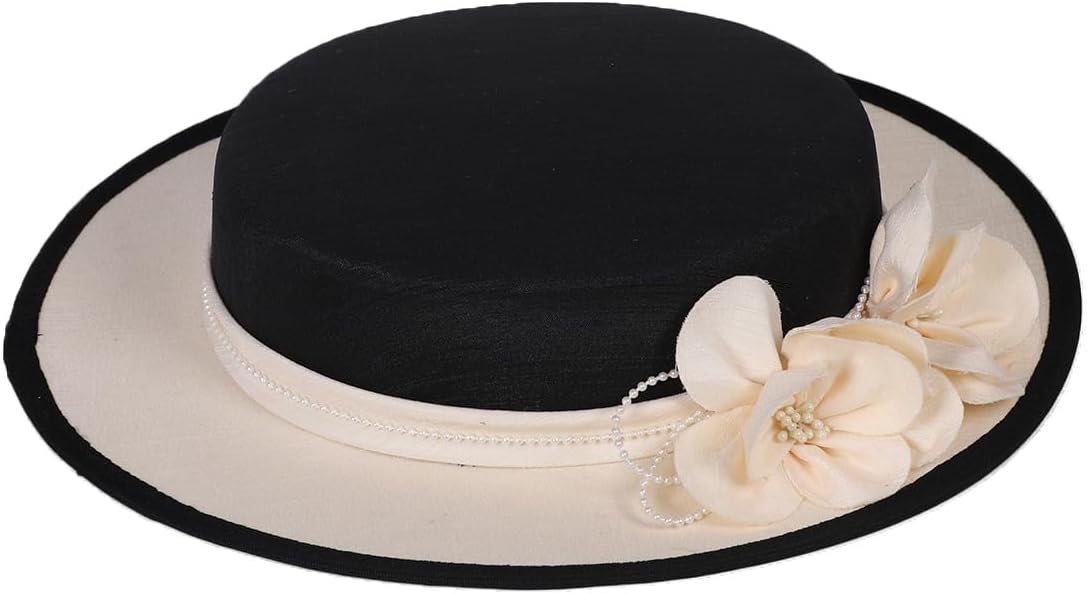 Wide Brim Church Hat for Women - Fascinator with Flower Bead,Bridal Wedding Tea Party Dress Formal Cocktail Flat Top Hats - Image 4
