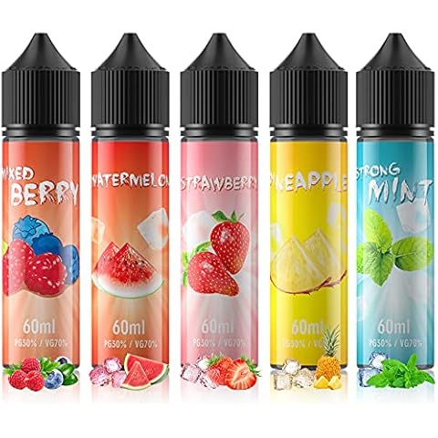 Meciga Vape Liquid No Nicotine 5 x 60ml Fruity Flavours Vape Juice 70VG/30PG E Liquid for All E Cigarettes, Packs with 5 Flavours Cover