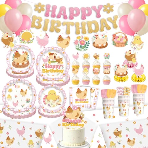 NeoRov 220 Pcs Chicken Birthday Party Decorations Tableware Set