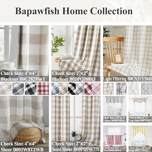 Bapawfish Grau-weißer Büffelkarierter Fenstervorhang, 137,2 cm lang, Büffelkaro, Gingham-Vorhang, Landhausstil, Stangentasche, Fensterbehandlung für Schlafzimmer, Wohnzimmer (2 Paneele, 101,6 x 137,2