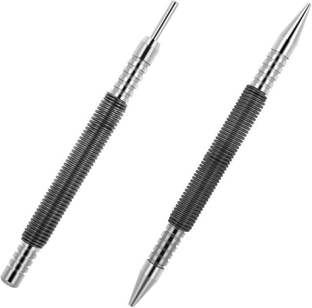 Grevosea 2 Pieces Spring Nail Set, Nail Set Tool and Hinge Pin Tool Dual Head Nail Setter Hammerless 1/16 and 1/32 Inch Spring Pin Punch Nail 3500 Psi Striking Force Door Pin Siding Removal Tool