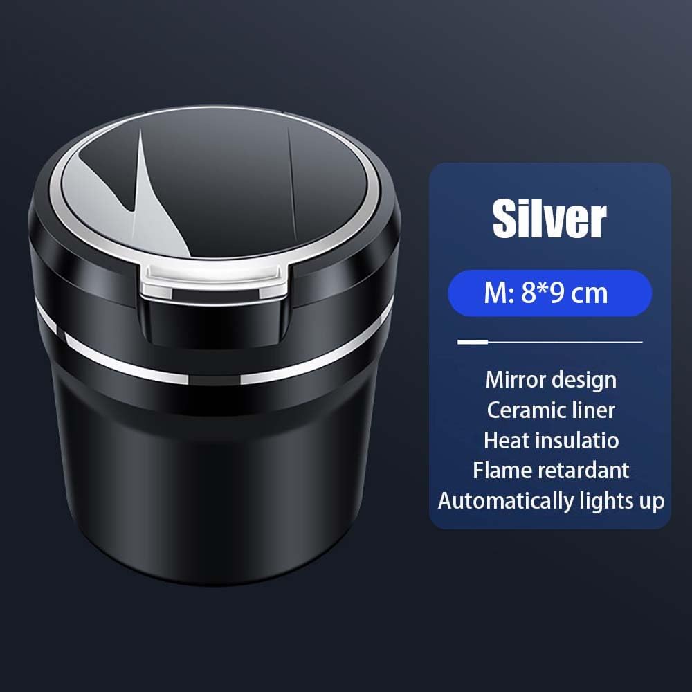 Car Ashtray for Chevrolet Trax LS/1RS/LT/2RS/ACTIV 2024 2025,Smell Proof Retardant Ceramic Liner Ash Tray Large Capacity Smokers Durable Organizer Interior Accessories,Silver-M