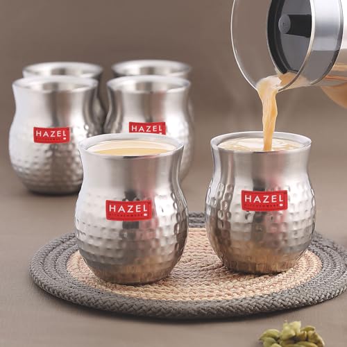 Image of HAZEL Double Wall Stainless Steel Kullad Set of 6 | Hammered Finish Tea & Coffee Cups | 150 ML | 6 cm Diameter