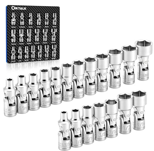 19-Piece 1/4 Drive Universal Joint Socket Set Swivel Socket Set & Wobble Sockets with Metric (5-15mm) and SAE (3/16-9/16) 6-Point CR-V Flex Sockets for Tight Spaces