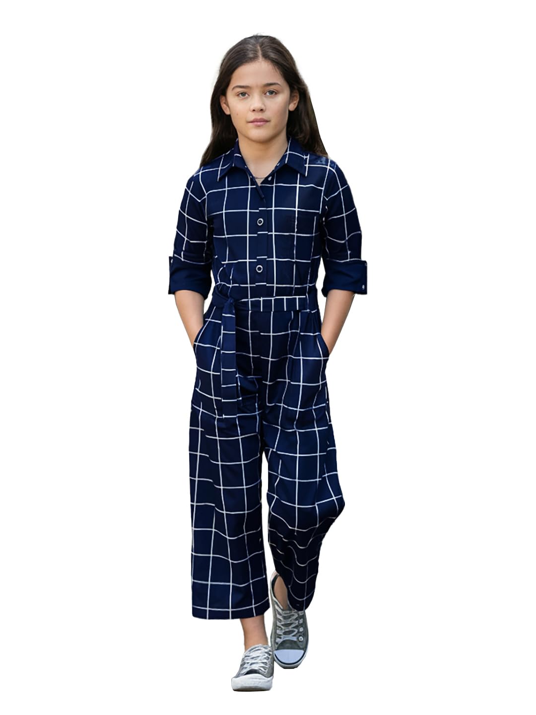 Naughty Ninos Girls Navy Blue Checkered Printed Jumpsuit (Nn01034Drs_6-7 Years)